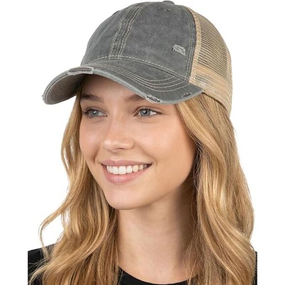 Women\'s Grey Beige Mesh Washed Adjustable Fit Classic Comfortable Baseball Cap